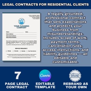May include: A legal contract template for residential cleaning services. The document includes sections for client information, service frequency, and agreement terms. The image also features the text "7 PAGE LEGAL CONTRACT", "EDITABLE TEMPLATE", and "REBRAND AS YOUR OWN".