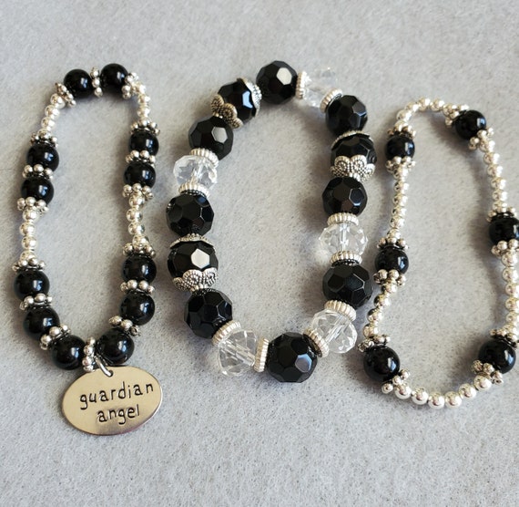 Bracciale Artigianale Italiano Con Onice Nero E Pendente Angelo Custode, Regolabile, 22.5 Cm, Pietre Naturali, Zama