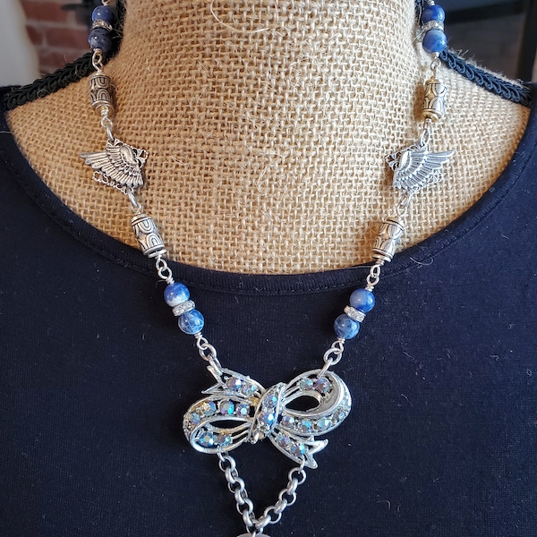 Repurposed Vintage Brooch Necklace with Denim Lapis Gemstone Beads