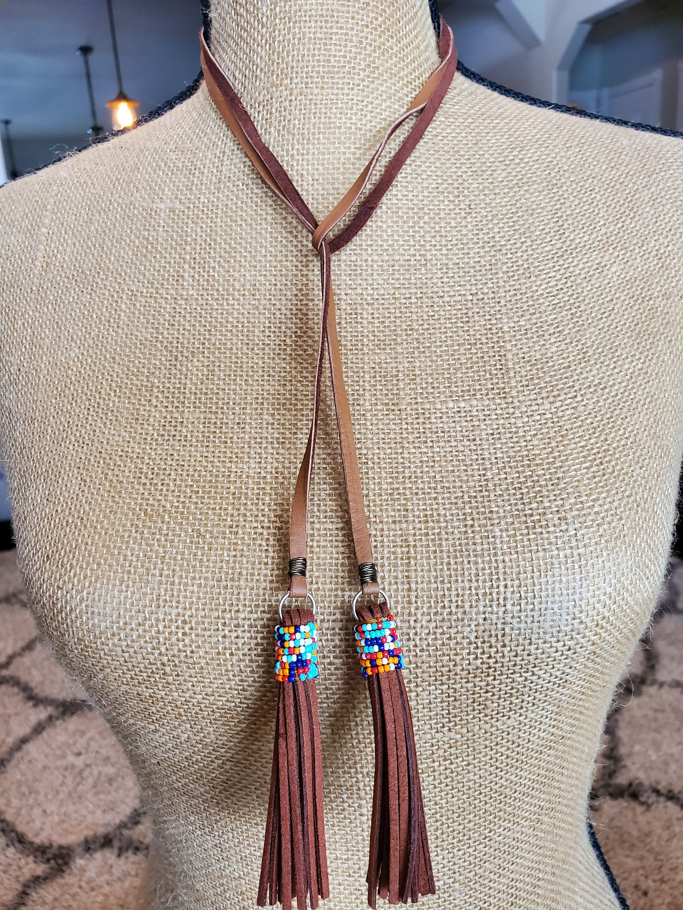 Leather Lariat Necklace With Bead Wrapped Leather Tassels Etsy