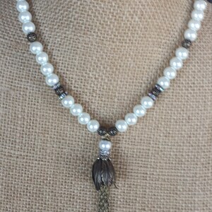 Pearl Necklace Antique Brass Tulip Pendant Tulip Beadcap Vintage Style