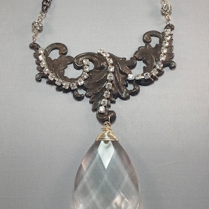 Vintage Chandelier Prism necklace, Antique Brass Filigree necklace, rhinestone and filigree necklace