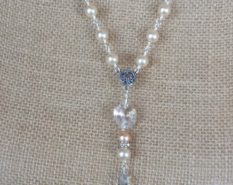 Vintage chandelier prism necklace , glass pearls, antique silver filigree, silver chain