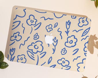 Simple Blue Flowers Macbook Case,Protective Hard Laptop Case for Macbook Air 15/13/11,Pro16/15/14/13, 2022 2023 2024 2025, For Flower Lovers