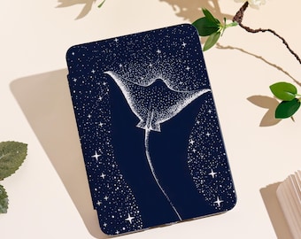 May include: A navy blue case featuring a white illustration of a manta ray with a starry sky design. The case has a rectangular shape with rounded corners. The design is detailed with numerous white dots and stars.