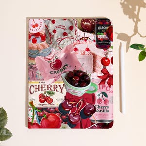 May include: A collage-style design featuring cherries and cherry-flavored products. The image includes a pink cake, a bag of cherry candy, a can of sparkling tonic, and a cup of fresh cherries. The text "CHERRY" and "Organic Fruits" are visible.