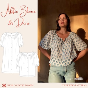 May include: A sewing pattern for the Affie Blouse & Dress featuring a white and blue floral print blouse with short puff sleeves, a button-down front, and a gathered neckline. The image includes technical line drawings of the blouse and dress.
