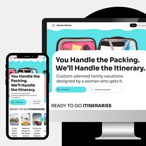 May include: A computer monitor and smartphone display a website for a travel service. The website features the text "You Handle the Packing. We'll Handle the Itinerary." and images of luggage, a sun hat, and sandals. The phone shows itinerary options.
