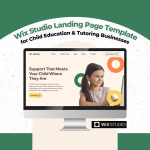 May include: A computer monitor displays a website template for child education and tutoring businesses. The website features a young girl and the text "Support That Meets Your Child Where They Are." The Wix Studio logo is visible.