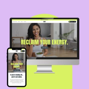 May include: A desktop computer and smartphone display a website with the text "RECLAIM YOUR ENERGY." The website features a woman holding a bowl of food. The background is a light green and purple.