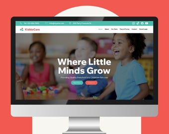 May include: A website homepage for KiddoCare, a preschool and childcare service. The website features a photo of three children playing with colorful blocks. The text "Where Little Minds Grow" is displayed in large white letters on a teal background. The text "Providing Quality Preschool and Childcare Services" is displayed in smaller white letters below the main heading.