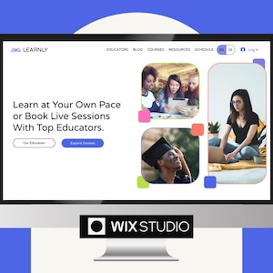 May include: A website screenshot for Learnly, an online learning platform. The website features a white background with a blue header and a tagline that reads "Learn at Your Own Pace or Book Live Sessions With Top Educators."