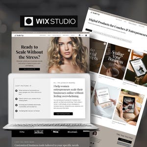 Könnte beinhalten: Ein Laptop und mehrere Website-Mockups werden angezeigt. Der Laptop-Bildschirm zeigt eine Website mit dem Text „Ready to Scale Without the Stress?“ und einem Frauenbild. Andere Mockups zeigen digitale Produkte für Coaches und Unternehmer.