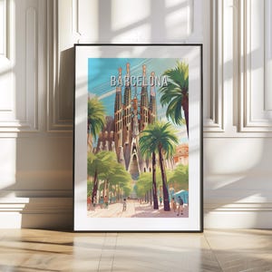 Impression de la ville de Barcelone - Illustration de la Sagrada Familia avec des palmiers et un ciel bleu - Art mural de voyage en Espagne - Architecture méditerranéenne