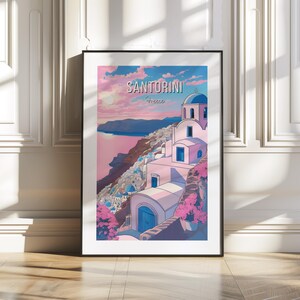 Impresión de Santorini, Grecia: Arte mural ilustrado de la arquitectura de las islas griegas, póster de viaje descargable digitalmente, decoración imprimible al atardecer junto a un acantilado