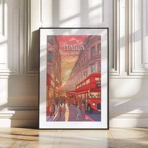 London City Print – Iconic Red Buses and Sunset Street Scene – England Travel Wall Art – Piccadilly Circus Illustration – Digital Download