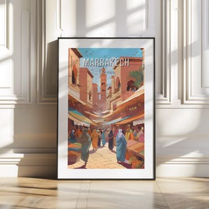 Marrakech Morocco Souks and Rooftops Digital Illustration, Vibrant Travel Wall Art, Colorful Moroccan Poster, North Africa Decor