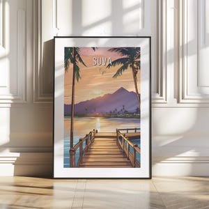 Suva Fiji Sunset Pier Illustration, Tropical Island Wall Art, Exotic Beach Landscape Print, South Pacific Coastal Decor, Instant Download