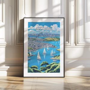 Auckland New Zealand Harbor Print, Coastal Cityscape Wall Art, Sailboat Digital Illustration, NZ Skyline Poster, Instant Download Decor