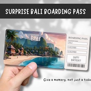 Bilhete-presente surpresa para viagem a Bali - Você vai para Bali - Imprimível, voo, cartão de embarque, editável, download instantâneo, impressão de viagem