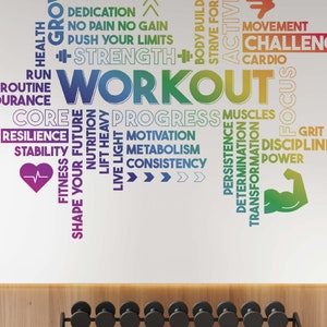 Fitness Vinyl Gym Wall Decal Inspirational Words Rainbow Gym Decal Fitness Collage Gym Wall Art Gym Decor Motivational Art Wall Sticker