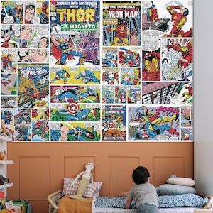 Supereroi Carta da parati Fumetti Adesivo da parete Collage Retro Vintage Fumetti Adesivo da parete Scene di fumetti Adesivo da parete per la stanza dei ragazzi Decalcomania Decorazione per sala giochi