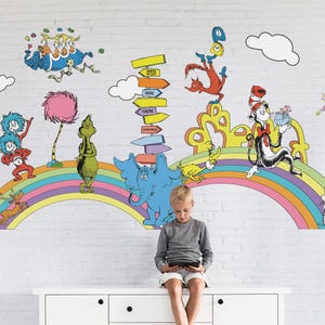 Dr Seuss Wall Decal Cat In The Hat Wall Mural Horton The Elephant Wall Sticker Truffula Tree Wall Art for Nursery Room Decor Kid Room Decor