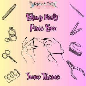 Puede incluir: Ilustración para un producto de cuidado de uñas, con el texto "Bling Nails Pixie Box" y "June Theme". La imagen incluye dibujos lineales de herramientas para uñas como cortaúñas, limas y quitaesmalte, sobre un fondo degradado rosa y amarillo.