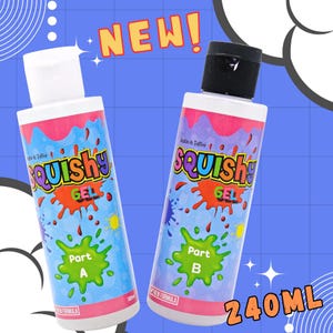 May include: Two bottles of "Squishy Gel" with white caps and colorful labels. The labels feature the text "Squishy Gel", "Part A" and "Part B", and "New Formula". The bottles are on a blue background with the word "NEW!" in yellow.