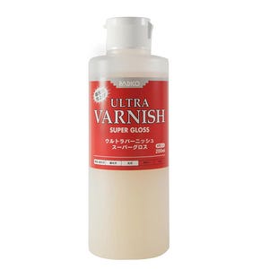 May include: A clear plastic bottle of PADICO Ultra Varnish Super Gloss, a sealant for crafts and artwork. The bottle is labeled in Japanese and English, and contains 200 ml of varnish.