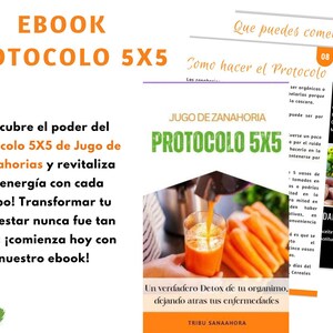 Może przedstawiać: Zielono-pomarańczowa okładka ebooka z tekstem "EBOOK PROTOCOLO 5X5" w dużych, pogrubionych literach. Okładka zawiera również szklankę soku pomarańczowego i tekst "Descubre el poder del Protocolo 5X5 de Jugo de Zanahorias y revitaliza tu energía con cada sorbo! Transformar tu bienestar nunca fue tan fácil; ¡comienza hoy con nuestro ebook!" w mniejszym rozmiarze.