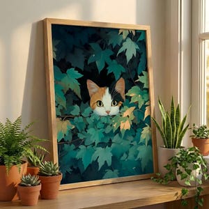 Impression chat calicot : chaton inspiré des dessins animés dans des feuilles vertes