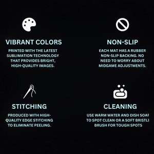 Puede incluir: Cuatro iconos con texto que describen las caracter&iacute;sticas de una alfombrilla para juegos. El primer icono es una paleta de colores, y el texto dice "Colores vibrantes Impreso con la &uacute;ltima tecnolog&iacute;a de sublimaci&oacute;n que proporciona im&aacute;genes brillantes y de alta calidad." El segundo icono es un c&iacute;rculo con una l&iacute;nea diagonal que lo atraviesa, y el texto dice "Antideslizante Cada alfombrilla tiene un respaldo antideslizante de goma. No hay necesidad de preocuparse por los ajustes a mitad de juego." El tercer icono es una aguja e hilo, y el texto dice "Costura Producido con costuras de borde de alta calidad para eliminar el deshilachado." El cuarto icono es una barra de jab&oacute;n con burbujas, y el texto dice "Limpieza Use agua tibia y jab&oacute;n para platos para limpiar las manchas o un cepillo de cerdas suaves para las manchas dif&iacute;ciles."