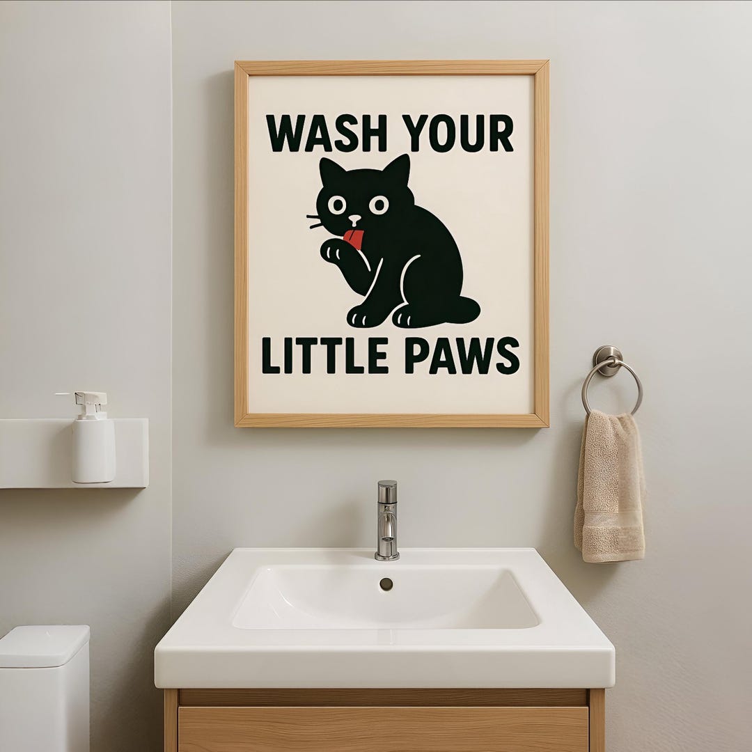 Funny Black Cat Bathroom Poster: Wash Your Paws - Quirky Wall Art - Etsy