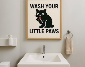 Lustiges schwarzes Katzen Poster fürs Badezimmer: Wasche Deine Pfoten