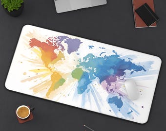 Tappetino da scrivania con mappa del mondo ad acquerello: tappetino per mouse con geografia colorata