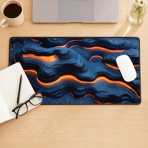 3D Abstrakt Våg Skrivbordsmatta: Blå Orange Topografisk Gaming Musmatta
