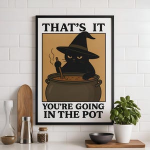 Witch Cat Halloween Poster: Funny Black Cat Cauldron Art