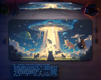 Cosmic Cat Mauspad: UFO Entführung Gaming Schreibtischunterlage