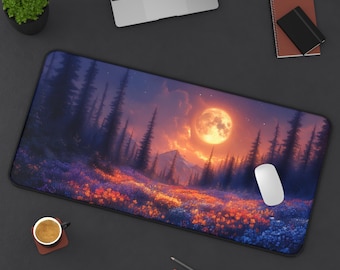 Moonlit Forest Desk Mat: Fantasy Mountain Landscape XXL Mousepad