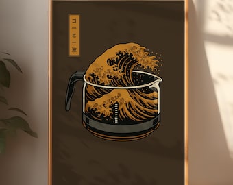 Può includere: Stampa artistica incorniciata raffigurante una caffettiera con un motivo a onde stilizzato nei toni del marrone e dell'oro. Il testo giapponese "Coffee Wave" è stampato verticalmente. Sfondo marrone scuro.