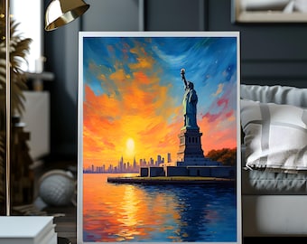 Poster del tramonto sulla Statua della Libertà / Arte murale dello skyline di New York in stile Van Gogh