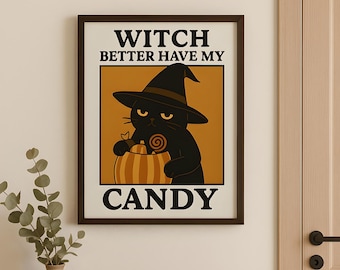 Hexen-Katze-Halloween-Druck - Halloween Poster: Gruselige Wandkunst
