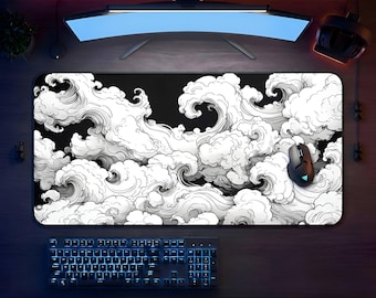 Alfombrilla de escritorio japonesa con nubes: alfombrilla de ratón con arte en tinta blanca y negra