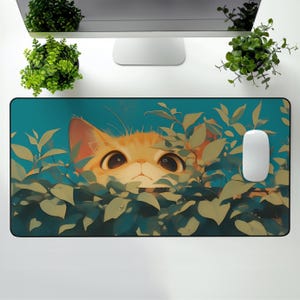 May include: A cartoon cat with orange fur peeks out from behind a bush of green leaves. The cat has large, round eyes and a white nose. The background is a light blue color.