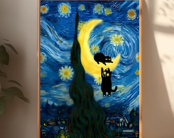 Stampa artistica del gatto nella notte stellata: poster parodia di Van Gogh