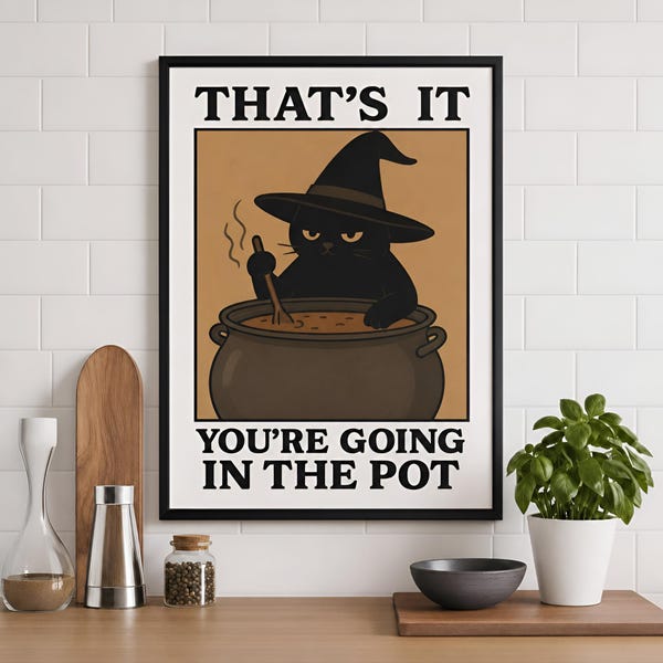 Plakat na Halloween z Czarownicą Kotką: Zabawna sztuka kotła z czarnym kotem