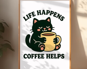 Póster de café con gato negro: arte de cocina divertido para amantes de los gatos