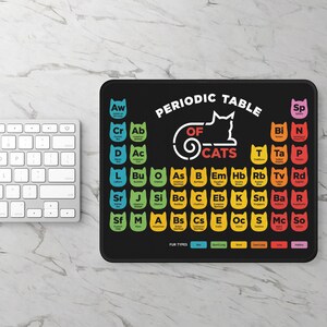 Puede incluir: Alfombrilla de ratón rectangular negra con un diseño de tabla periódica de gatos. El diseño incluye una silueta de gato y las palabras "Periodic Table of Cats". Un teclado blanco es visible en la imagen.