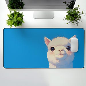 Kawaii Alpaca Desk Mat: Large Gaming Mousepad, Blue Sky Design